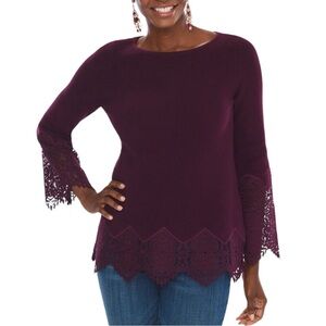 Chico's Burgundy/Wine Lace-Sleeve Pullover Sweater Size 1 (US size M)